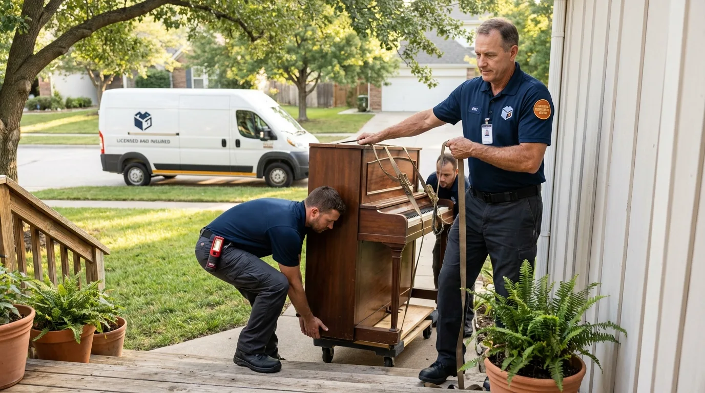 Licensed piano movers securing grand piano in Crisfield, MD