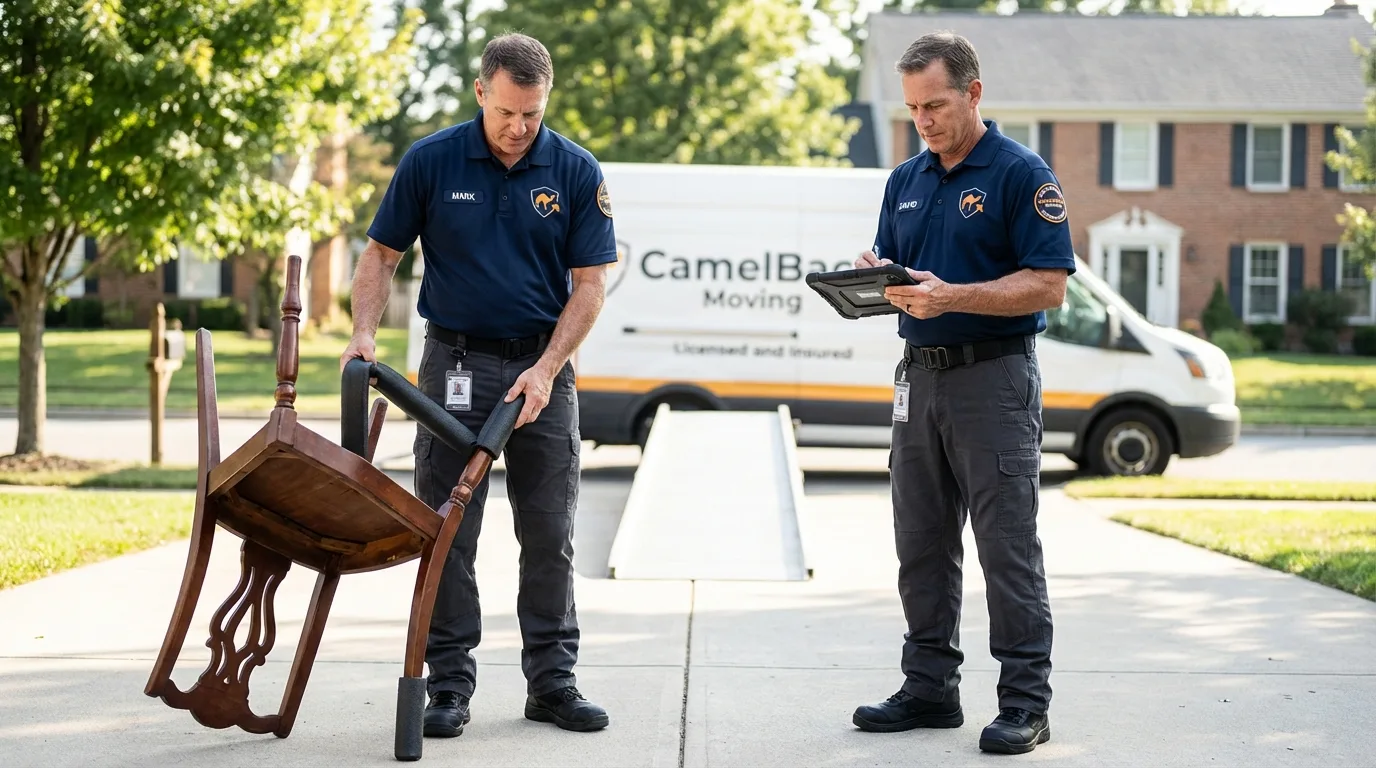 Movers inspecting furniture for damage prevention before loading in Crisfield, MD
