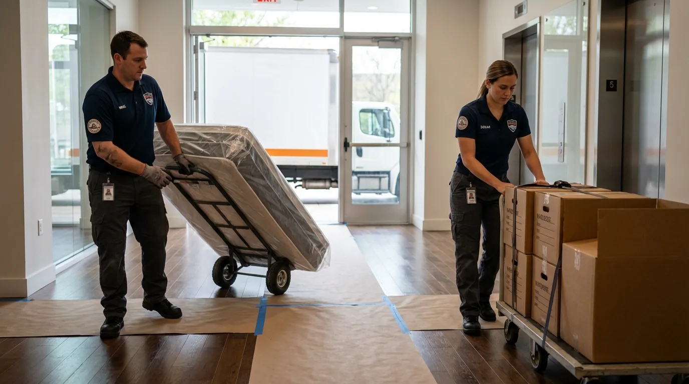 Professional apartment movers loading elevator in Crisfield, MD
